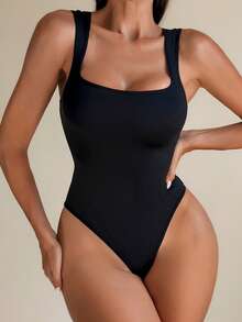 Sirith Women's Casual Solid Color Basic Bodysuit - Black - View 4