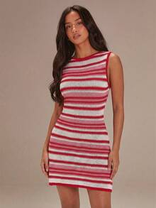 Athîral 女士条纹圆领无袖休闲针织连衣裙 - 彩色 - 查看 3