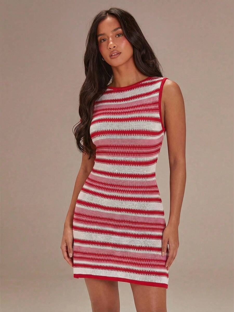 Athîral 女士条纹圆领无袖休闲针织连衣裙 - 彩色 - 查看 1