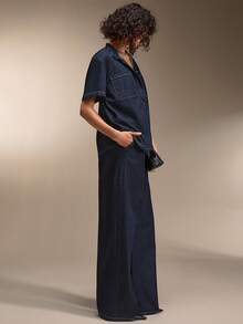 SHEIN Cool Fabric Woman Denim Set V Neck Short Sleeve Top And Loose Fit Jean Pant Set - Dark Wash - View 5