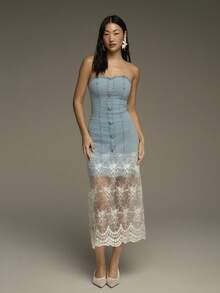 COSMINA Denim Women's Elegant Sleeveless Lace Patchwork Midi Denim Dress, Suitable For Early Spring,  Baby Blue Dress Women Elegant,  Blue Lace Dress,  Powder Blue Dress Women,  Pastel Blue Dress , Crotchet Dresses For Women - Light Wash - View 5