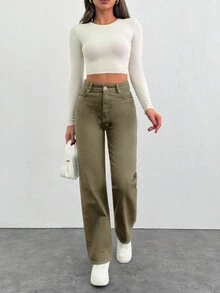 EURMUSE 女士休闲百搭通勤牛仔裤，带口袋和纽扣 - 米色 - 查看 4