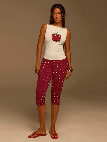 Athîral 女士休闲度假无袖露肩辣椒印花针织上衣和波点七分裤两件套，可爱套装，日常穿着