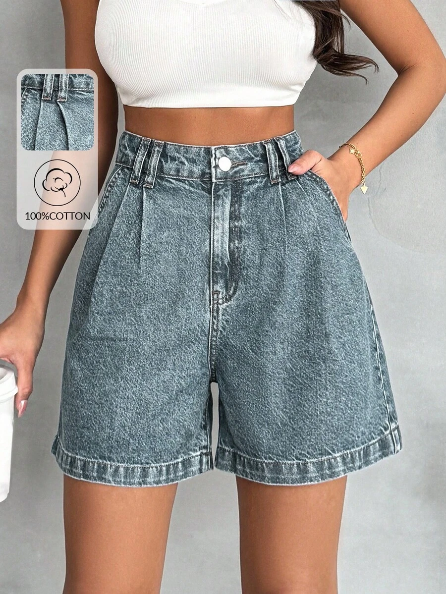 EURMUSE 100% Coton Taille Haute Détails Stylo Lavage Vintage - Bleu gris - Voir 1