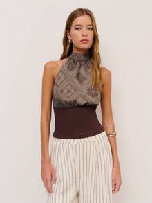 Nöista Paisley Print Halter Top Features An Intricate By A Fitted Ribbed Waist. Boho, Festival , Summer, Spring. - Rust Brown - View 4