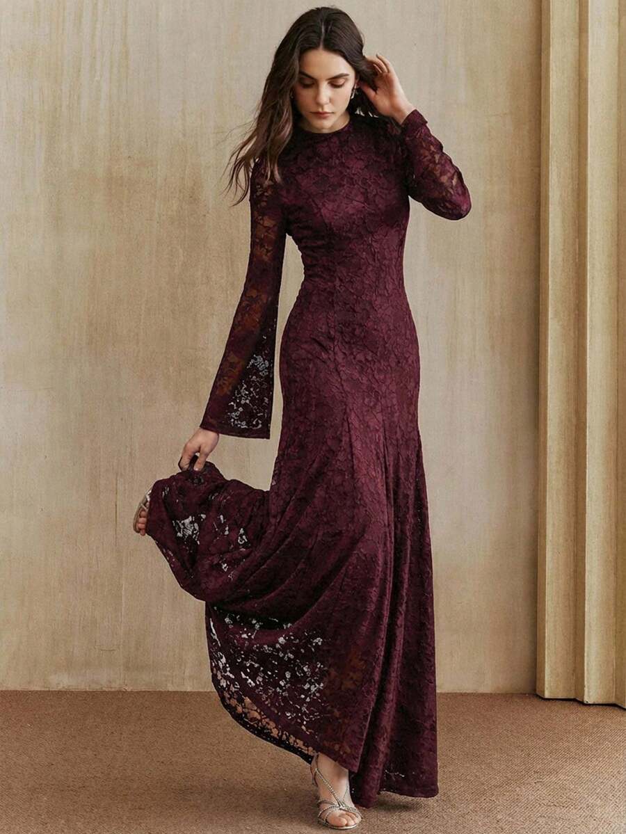 女士长款夏季连衣裙，优雅春季女士长袖蕾丝连衣裙，圆领修身长袖连衣裙，适合新年、圣诞节、情人节、派对、婚礼等场合，时尚、优雅、正式。 - 酒紅色 - 查看 1