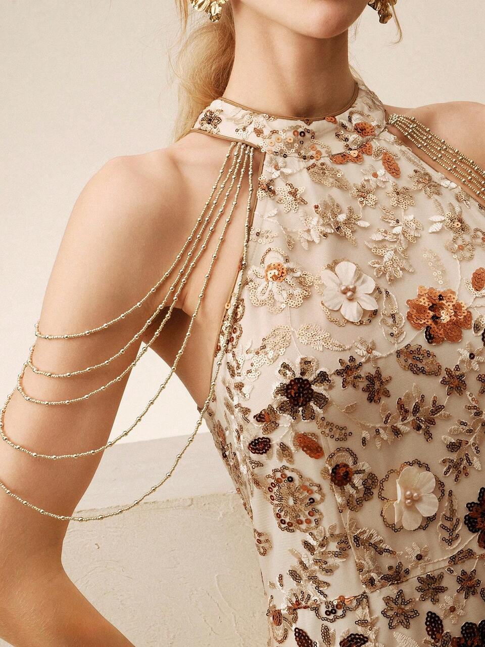 Anewsta Beige,Verano,Elegante,Vestido largo sin mangas con cuello halter de champán para invitadas de boda,Vestido de noche de lujo con flores 3D y lentejuelas para banquete,cita,vacaciones