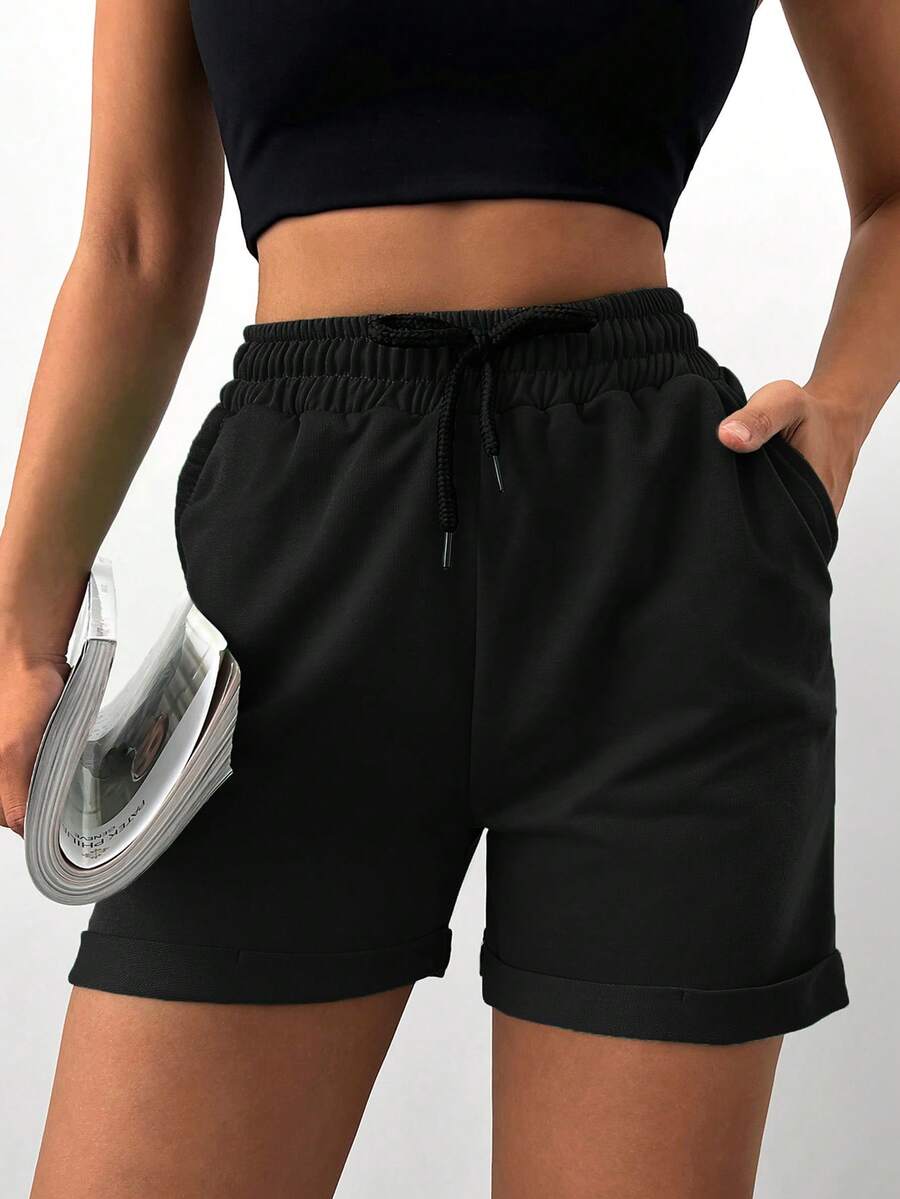 SHEIN Plus Size Casual Soft Modest Solid Color Shorts Summer Gym Office Formal Black - Black - View 1
