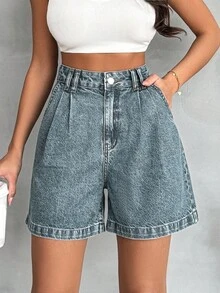 EURMUSE 100% Coton Taille Haute Détails Stylo Lavage Vintage - Bleu gris - Voir 8