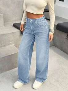 EURMUSE Casual Street High Waist Loose Straight Leg Denim Jean - Baby Blue - View 1