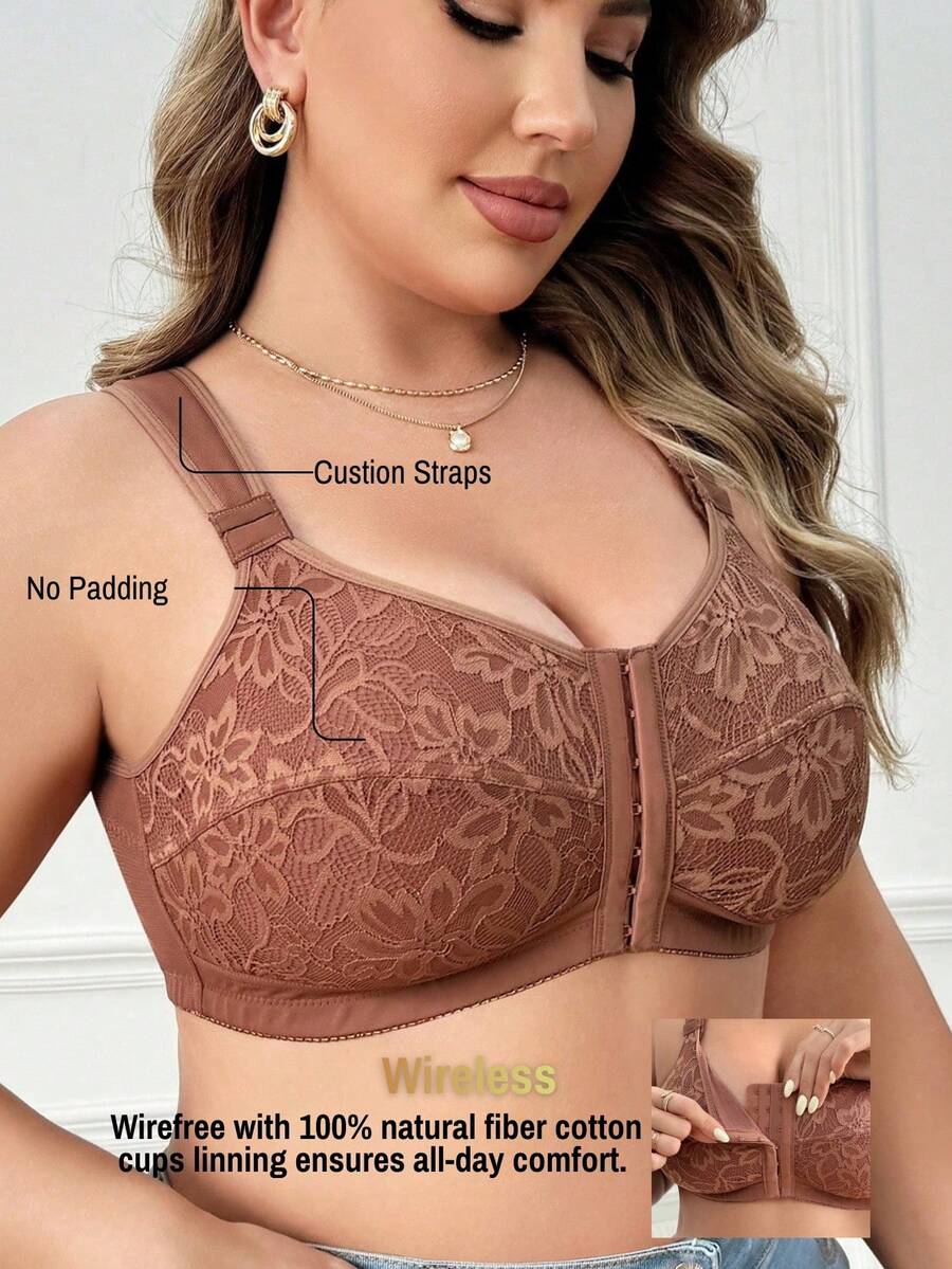 DesireSculpt 1pc Elegant & Comfortable Lace Patchwork Front Closure Plus Size Bra, Adjustable Shoulder Straps - Brown - View 1