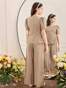 SHEIN 少女优雅纯色圆领短袖系腰上衣和阔腿裤两件套 - 駝色 - 查看 7