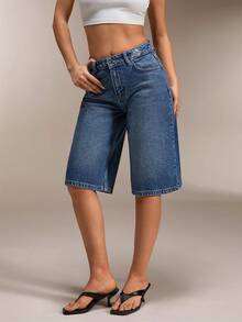 SHEIN Low Waist Washed Denim Jort - Medium Wash - View 4