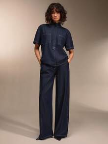 SHEIN Cool Fabric Woman Denim Set V Neck Short Sleeve Top And Loose Fit Jean Pant Set - Dark Wash - View 4