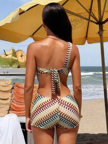 Swim Vcay Women's Rainbow Wave Pattern Halter Backless Tie Bikini Set With Shorts, Beach Party Holiday 2-Piece Outfit - Multicolor - View 2