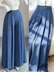 Elenzga 新款女士高腰侧拉链装饰纽扣喇叭裤休闲优雅长裤，适合春秋季穿着 - 藍色 - 查看 1