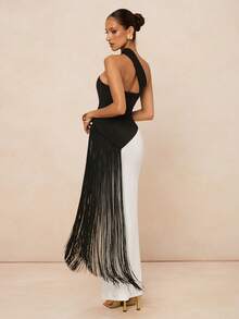 Lumalex 女士时尚不对称领黑白撞色流苏拼接连衣裙 - 黑與白 - 查看 2