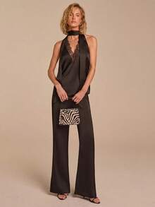 COSMINA Women's Satin Black Lace Patchwork Spaghetti Strap Tie Strap Camisole Top, Sleeveless Casual Elegant Romantic Holiday Camisole - Black - View 5