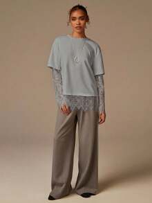 Athîral 女士休闲长袖撞色蕾丝衬衫 - 灰色 - 查看 3