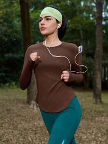 SHEIN In My Nature Women's Outdoor Long Sleeve Thumb Hole Slimming Coffee Brown T-Shirt - Brown - View 2