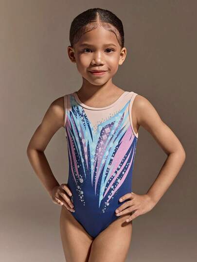 Young Girls' Colorful Printed Gymnastics Leotard, Shiny Dancewear Jumpsuit For Young Girl, Fashion Multicolor Toddler Performance Outfit, Soft & Stretchy Fabric Suitable For Gymnastics, Ballet, Yoga