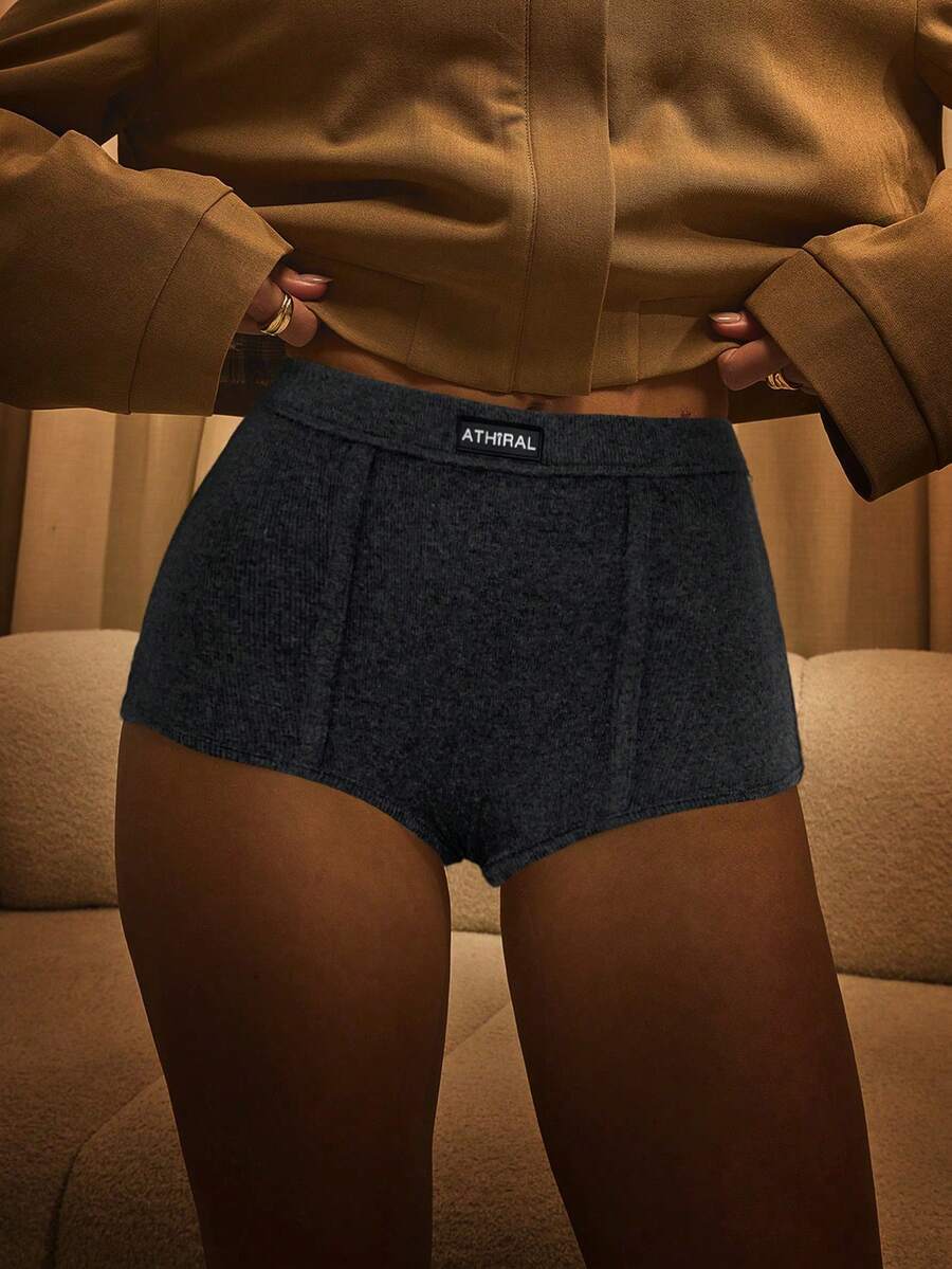 Athîral Women's Letter Print Skinny Casual Versatile Shorts - Dark Grey - View 1