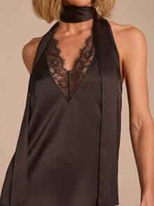 COSMINA Women's Satin Black Lace Patchwork Spaghetti Strap Tie Strap Camisole Top, Sleeveless Casual Elegant Romantic Holiday Camisole - Black - View 1