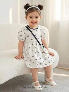 Cozy Pixies 2pcs/Set Baby Girl Bow Decor Round Neck Puff Sleeve Waist Tie Dress & Crossbody Bag,White And Black Summer Cute Family Matching Cotton Toddler Dress - Apricot - View 9