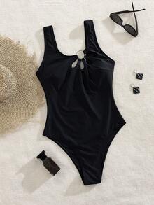 Swim SXY Sleeveless Black Scoop Neck One Piece Swimsuit For Women With Knot Detail Plain Design - Black - View 4