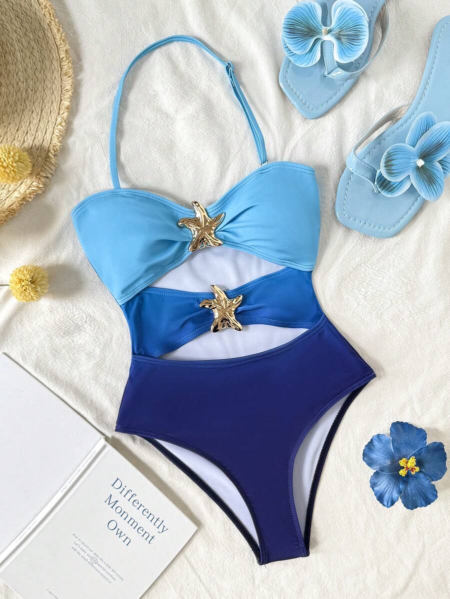 SHEIN Tween Girl Mermaid Baby Blue Gradient Metal Starfish Deco Halter One-Piece Swimwear,Cute Summer Beach Holiday Outfit,Textured Cut Out Bathing Suit - Blue - View 1