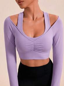 VARSIVA Solid Color Open Shoulder Fitted Cropped Sports T-Shirt - Mauve Purple - View 5