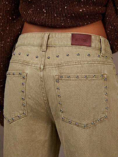 Athîral Women's Rivet Design Pocket Wide Leg Loose Casual Jeans