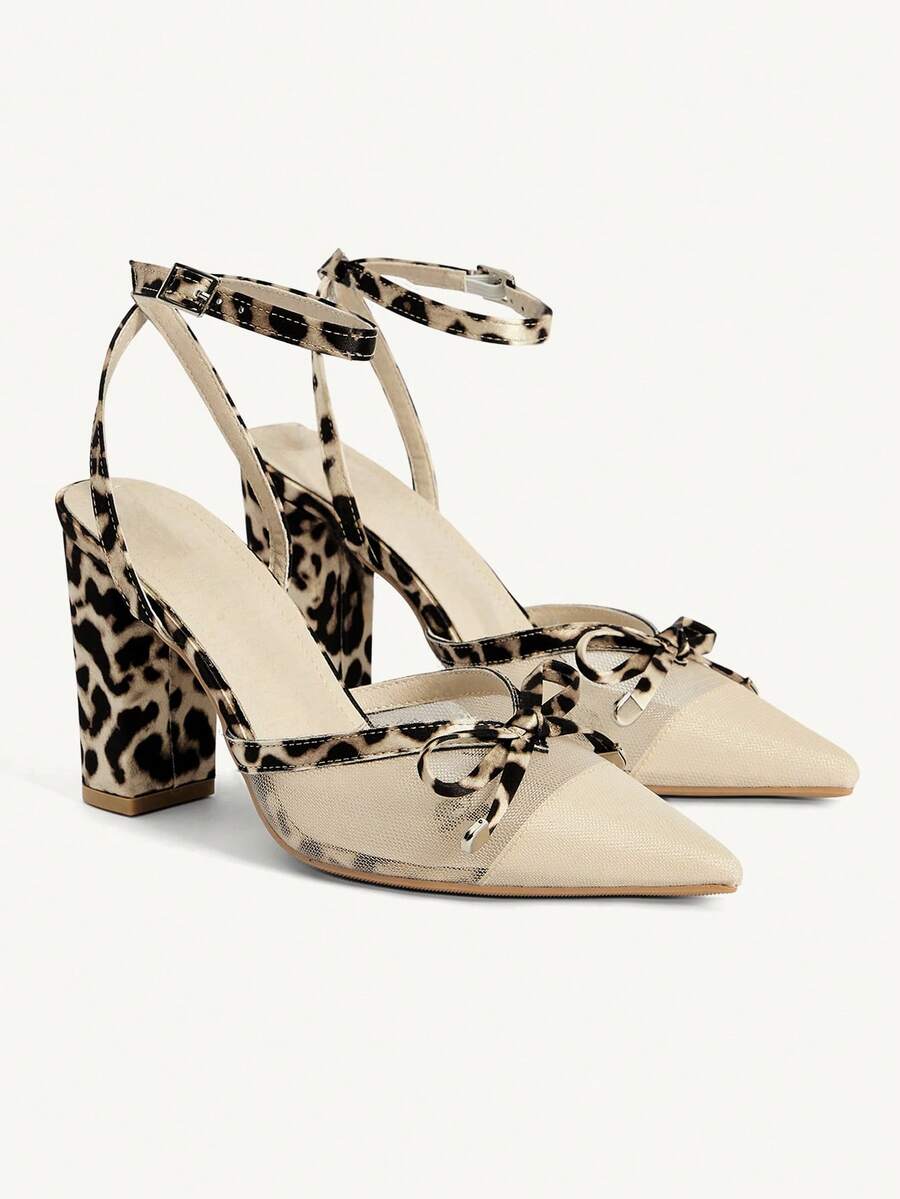 CUCCOO CHICEST 女士新款豹纹拼接粗跟蝴蝶结后跟带气质高跟凉鞋 - 杏拼豹紋 - 查看 1