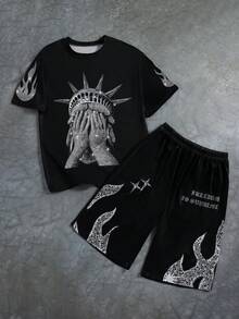 Teen Boy 2-Piece Set: Casual Minimalist Short Sleeve Round Neck T-Shirt + Pants, Summer Liberty Statue Theme T-Shirt, Y2K Style Graphic Tee, Street Fashion T-Shirt, Teenage Boy Apparel, Liberty Graphic Tee, Printed Shirt, Street Style T-Shirt, Freedom Statement Top - Black - View 1