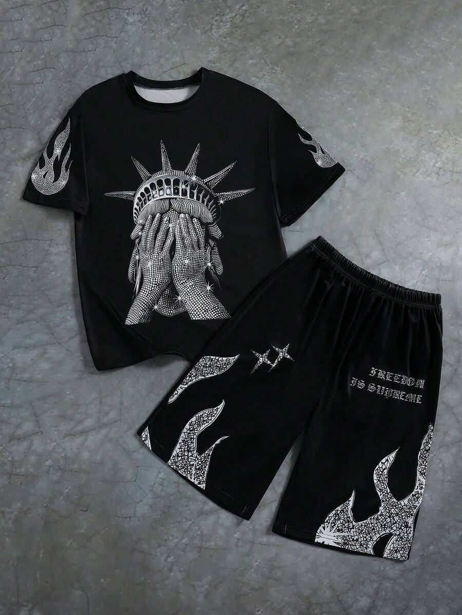 Teen Boy 2-Piece Set: Casual Minimalist Short Sleeve Round Neck T-Shirt + Pants, Summer Liberty Statue Theme T-Shirt, Y2K Style Graphic Tee, Street Fashion T-Shirt, Teenage Boy Apparel, Liberty Graphic Tee, Printed Shirt, Street Style T-Shirt, Freedom Statement Top - Black - View 1