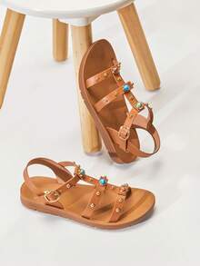 Mini mi #BohoGem Kinder Premium veganes Leder Tan Slingback Flach Sandalen mit Nieten und Steinen - Sicher, Stilvoll & Bequem - Kastanienbraun - Übersicht 6