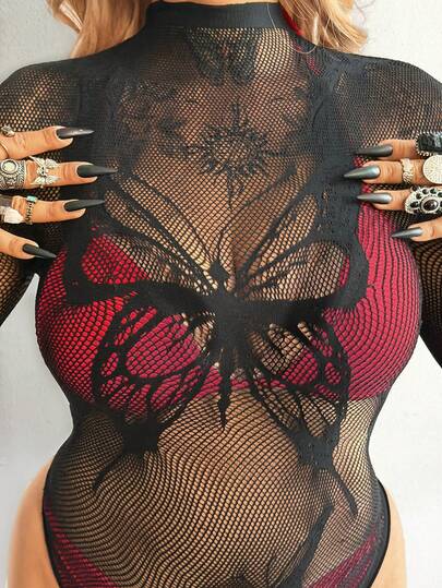 Whyspr Body de red con diseño de mariposa para mujer de talla grande