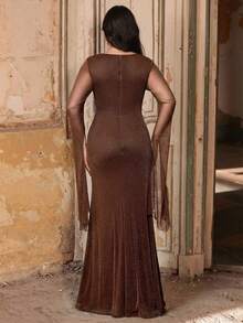 Aureia Plus Size Elegant Romantic Coffee Color Round Neck Ruched Flounce Lantern Sleeve Rhinestone Decor Mermaid Hem Dress, Suitable For Evening Party, Singles Party, Date, Ball, Vacation, Wedding, Bridesmaid - Coffee - View 3