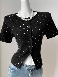 SHEIN EZwear 女士全印花前扣优雅黑色短袖开衫 - 彩色 - 查看 6