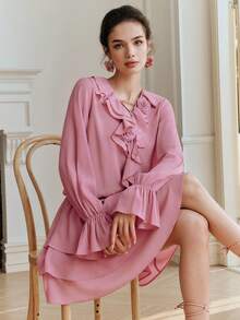 Anewsta 高品质甜辣荷叶边3D玫瑰连衣裙，小众设计系带V领喇叭袖蛋糕裙，复古少女收腰迷你连衣裙 - 藕粉色 - 查看 1