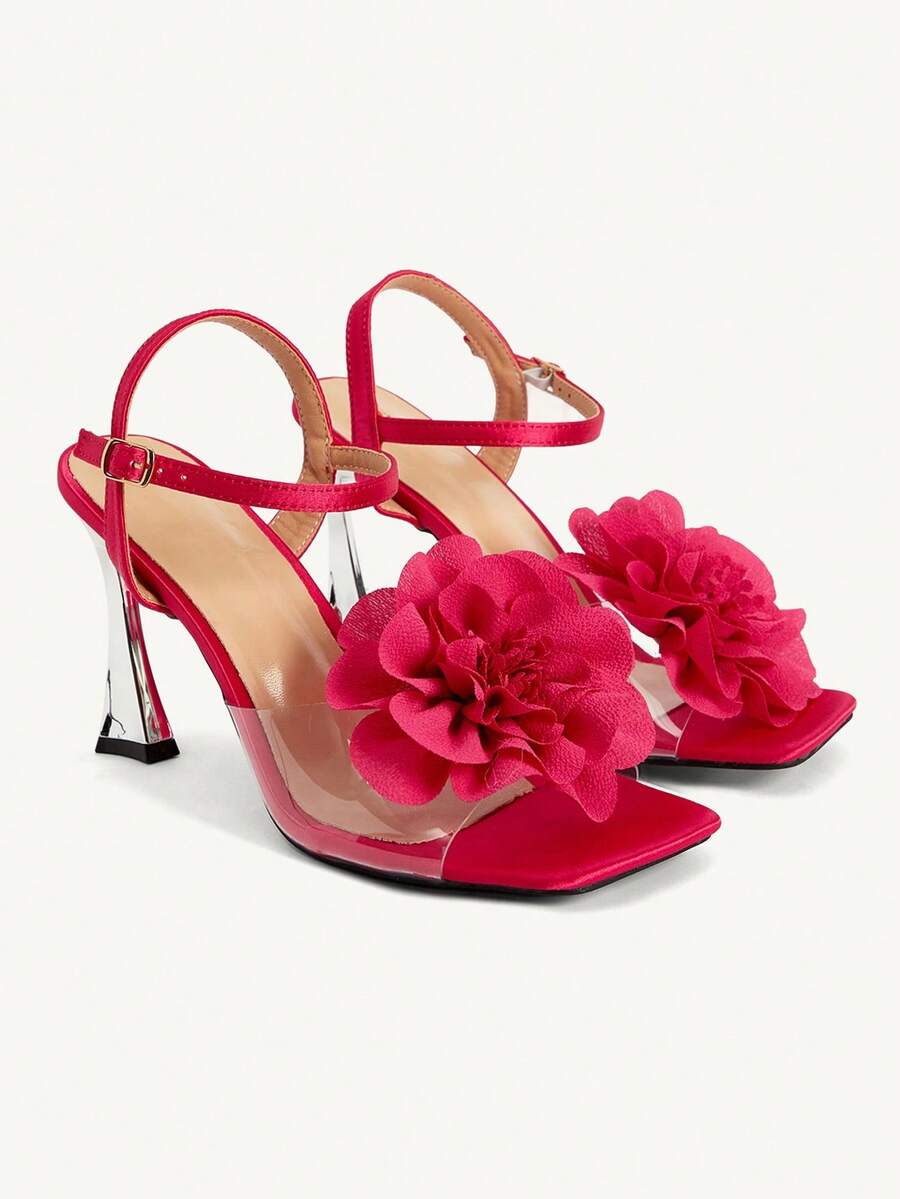 CUCCOO CHICEST Sandálias femininas elegantes de salto alto com bico quadrado, decoração floral 3D e fivela. - Rosa Quente - Ver 1