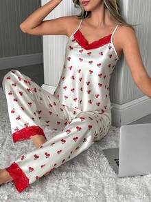 SHEIN Women 2 Pcs Sateen Contrast Colour Lace Detail With Cherry Pattern Top&Long Pants Homewear Comfort Pajama Set - White - View 5