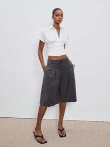 ATUI Studio Blusa de manga corta con pliegues en la cintura, ajuste ceñido, apropiada para ir a trabajar, citas y vacaciones - Blanco - Ver 2