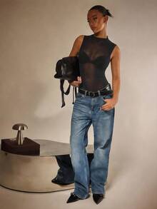 Athîral 女士纯色透明网纱立领无袖性感透视连体衣 Y2K 黑色，内搭，非常适合搭配 - 黑色 - 查看 5