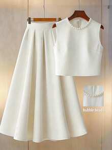 Franclia 女士白色圆领珍珠领宽松短款上衣+高腰A字裙两件套，适合约会、休闲、日常、派对、通勤、下午茶等场合，无袖设计。 - 白色 - 查看 1