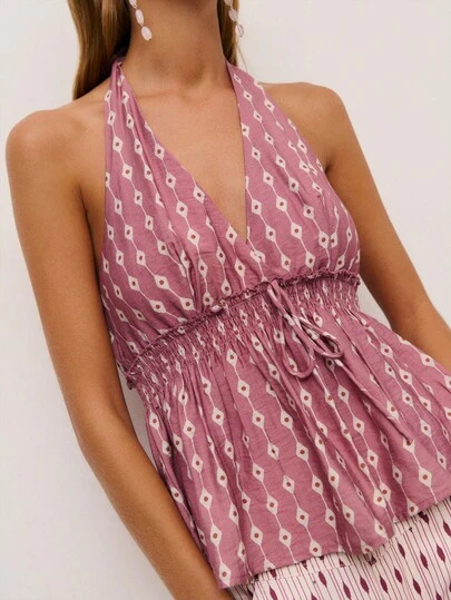 Nöista V Neckline Top With Print In Pink And White Color, Smoch Stitching Area Under Chest And Decorative Bow In Front. Summer Tops, Spring OutfitCasual And Formal Look, Vacation.