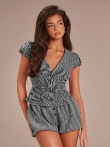 Athîral Women's Casual Plaid Ruched Waist Blouse, Summer - Black and White - View 3