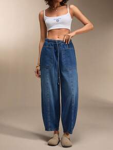 SHEIN WOMAN COMFY COOL FABRIC BAGGY BARREL PANT DENIM - Medium Wash - View 7