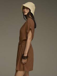 COSMINA Women's V-Neck Sleeveless Dress With Tie Waist, Linen Fabric Wrap Short Dress In Pastal, Summer Casual Sexy Vacation Holiday Beach Golf Weekend Outfit - Brown - View 2