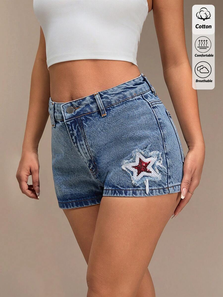 SHEIN 100% Cotton Low Waist Patch Detailed Denim Short - Medium Wash - View 1